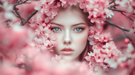 Beautiful Young Woman with Blue Eyes Framed by Delicate Pink Cherry Blossoms, Spring Beauty Portraitの素材