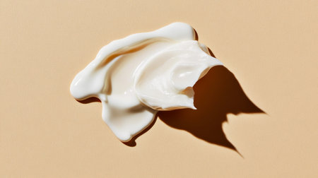 White cosmetic cream lotion moisturizer swatch smear smudge isolated on beige background, top viewの素材