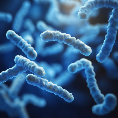 Microscopic view of blue, rod-shaped bacteria in a scientific research concept, 3D illustration.の素材