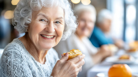 Happy Senior Woman Enjoying Pastry with Friends, Active Aging and Senior Lifestyle Concept.の素材