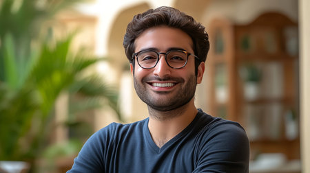 Portrait of a Confident, Handsome Young Man with Glasses Smiling Indoors, Home Backgroundの素材