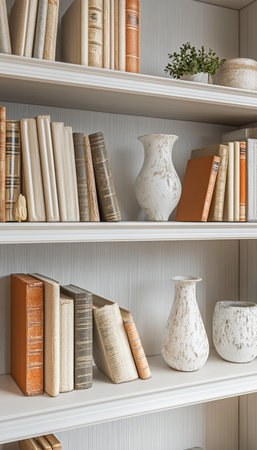 Minimal bookshelf decor. Books, ceramic vase, candle holder, light background, space for text.の素材