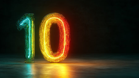Number Ten, 10, Neon Light Colorful Rainbow Glow Rendering, Visualisation, Concrete Floor, Futureの素材