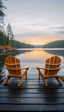 Tranquil Lakeside Retreat Two Empty Adirondack Chairs Await on a Wooden Dock at Sunriseの素材