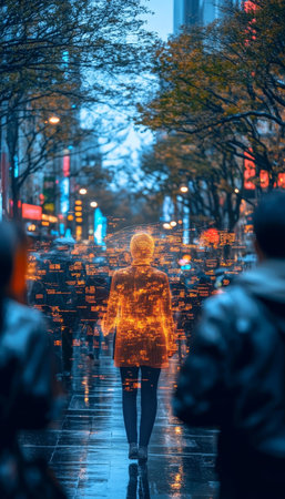 Woman Walking Through City with Double Exposure Effect, Urban Life, Movement, Businessの素材
