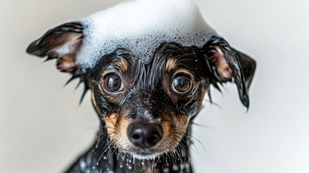 Funny Portrait of Small Black Dog Taking a Bath With Soapy Head, Whiskers Covered in Bubblesの素材