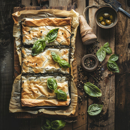 Delicious Spanakopita Flaky Greek Spinach Pie With Feta Cheese Served On Rustic Wooden Tableの素材