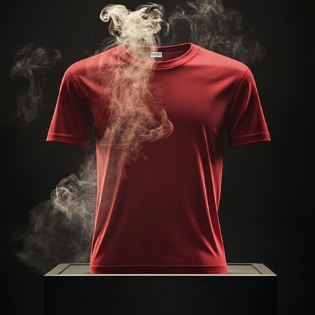 Red T-Shirt on Black Background Surrounded by Smoke, Blank Mockup for Design Presentationの素材