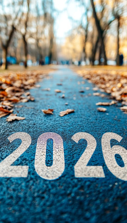 Path to the Future 2026 Painted on a Winding Autumn Road, Symbolizing New Beginningsの素材