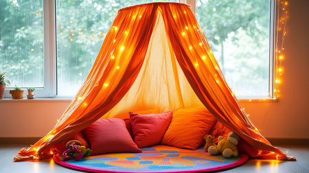 Cozy Kids Reading Nook Orange Canopy with Pillows, Fairy Lights, and Toys, Perfect for Relaxingの素材