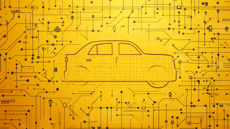 Digital Taxi on Yellow Technology Background, Abstract Ride Hailing Symbol in Lines and Dotsの素材