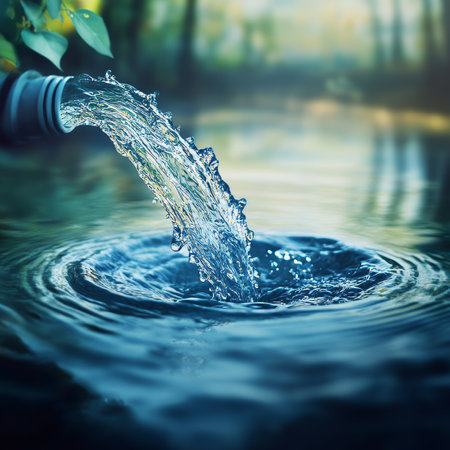 Fresh, Clean Water Flowing From a Pipe into a Lake, Creating Ripples, Concept for Water Resourcesの素材