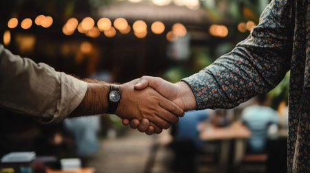Two Men Shaking Hands in Agreement, Business Partnership, Successful Deal at Outdoor Cafeの素材