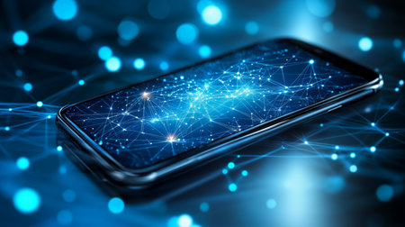 Smartphone with Futuristic Network Visual, Concept Image for Global Communication Technologyの素材