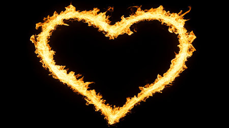 Flaming Heart of Passion Blazing Symbol of Love and Desire Isolated on Black Background.の素材