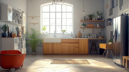 Modern, Spacious Kitchen Design with Open Shelving, Wood Cabinets, and Industrial Detailsの素材