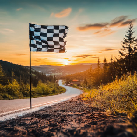 Checkered Flag Waving at Finish Line, Journey to Success on a Winding Mountain Road at Sunset.の素材