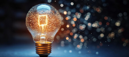 Glowing Lightbulb With Sparkling Bokeh Background, Concept For Innovation, Idea, And Inspirationの素材