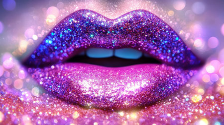 Close-up of Sensual Glitter Lips, Fashion Makeup, Make-up Advertising. Sparkles and Glamourの素材