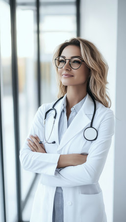 Confident Female Doctor in White Coat, Portrait with Stethoscope in a Modern Hospital Settingの素材