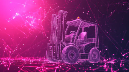 Abstract Futuristic Warehouse Logistics. Wireframe Of Forklift In Metaverse., 3D Renderingの素材