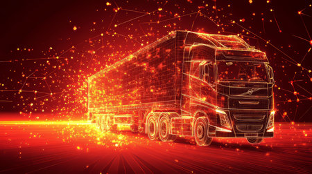 Futuristic Semi-Trailer Truck on Highway. Connected Transportation and Data Logistics Concept.の素材
