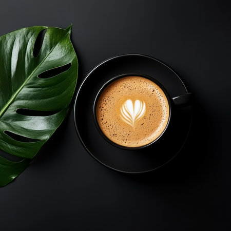 Top View of Black Coffee Cup with Latte Art on Black Background with Tropical Monstera Leafの素材