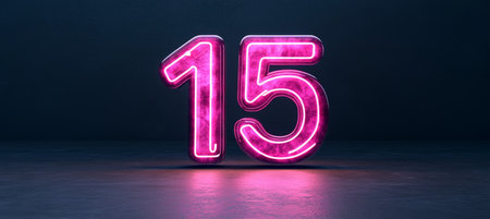 Pink Glowing Neon Sign Number 15 On Dark Concrete Background, 3D Rendering Illustrationの素材
