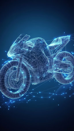 Abstract digital motorcycle design with lines and geometric shapes on a blue technology backgroundの素材