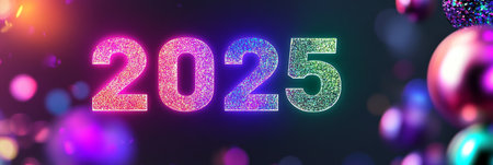 Colorful, Sparkly 2025 Celebration Banner New Years Eve with Abstract Festive Design Elementsの素材