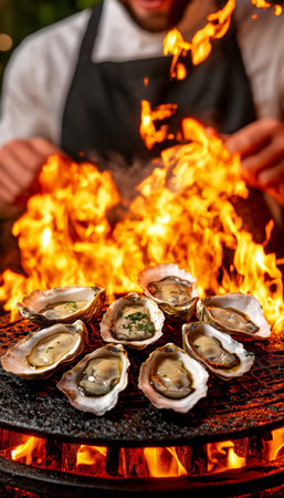 Chef Cooking Fresh Oysters On Flaming Grill, Seafood Delicacy Preparation, Culinary Artsの素材