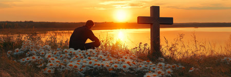 Man Praying by Wooden Cross at Sunset, Landscape with Water and Flowers Faith, Hope.の素材