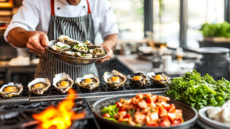 Chef Plating Grilled Oysters with Garnish at Restaurant Kitchen, Fine Dining Experienceの素材