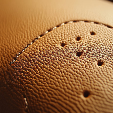 Close Up of Perforated Brown Napa Leather Upholstery with Detailed Texture and Stitchingの素材