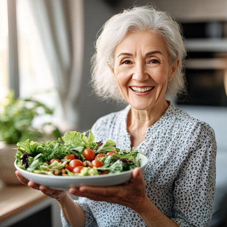 Smiling Senior Woman Holding a Bowl of Fresh Salad Healthy Eating and Active Lifestyle in Older Ageの素材