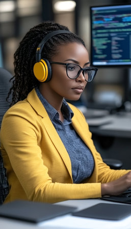 Focused female programmer in headphones working on code at desk in a modern office, side view.の素材