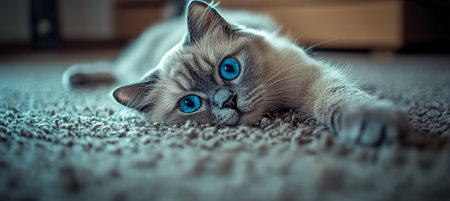Adorable Blue-Eyed Cat Relaxing on a Soft Carpet A Picture of Feline Bliss and Comfortの素材
