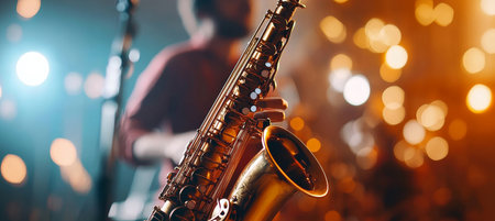 Close-up of Saxophone Being Played Live on Stage, Jazz Music Concert with Blurred Golden Lightsの素材