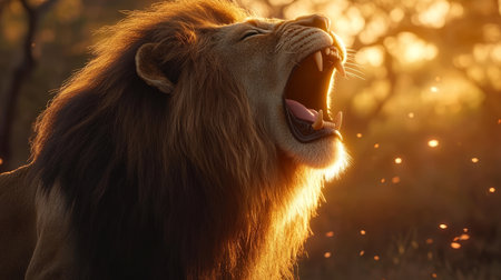 Powerful Male Lion with Flowing Mane Roaring Fiercely at Golden Sunset, African Wildlife Portrait.の素材
