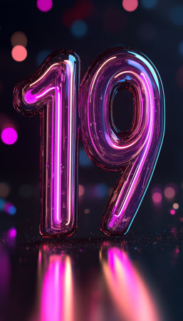 Number 19. Neon Glowing Number Nineteen On Dark Background With Bokeh Lights. 3D Illustrationの素材