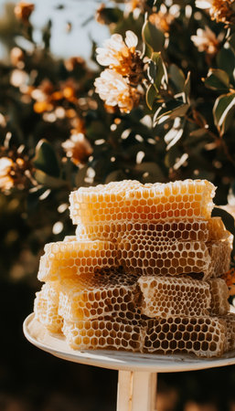 Fresh Honeycomb Pieces, Organic Honey and Sweet Dessert, Stack of Honey Combs on White Plateの素材