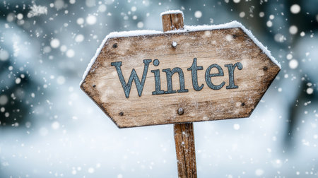 Wooden Winter Sign Covered in Snow, with Falling Snowflakes, Winter Wonderland Conceptの素材