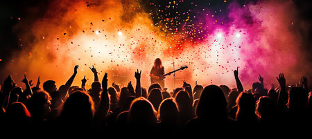 Silhouette of a Guitarist on stage, with fans cheering, under confetti, fire, and dramatic lighting.の素材