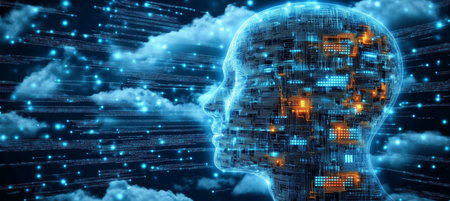 AI Circuit Head With Cloud Computing and Binary Streams, Artificial Intelligence conceptの素材