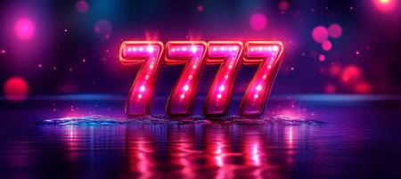 Big Wins Vibrant 777 in Neon Shining over Wet Colorful Party Background, 3D Renderingの素材