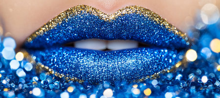 Close-up of Plump Lips with Blue Glitter Lipstick and Gold Contour, Surrounded by Sparklesの素材