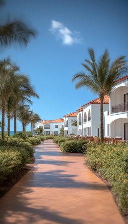 Tropical resort with white buildings, palm trees, and a pathway leading to the beach.の素材