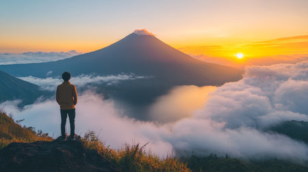Man On Mountain Top Watching The Sunrise Over Mountain Peak, Scenic View Of Volcanic Landscapeの素材