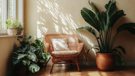 Boho Style Living Room Interior With Wicker Chair, Large Plants And Sunlight, Cozy Home Decorの素材