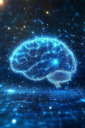 Glowing Blue Human Brain, Digital Network, Neurology, Intelligence, Consciousness, AI.の素材